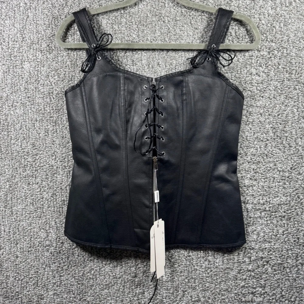 Charmian Corset Top Renaissance Bustier Black Faux Leather‎ Lace Up Zipper Large